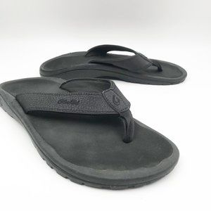 OLUKAI Black Leather Flip Flop Thong Sandals Mens 8 Womens 11 Beach Vacation